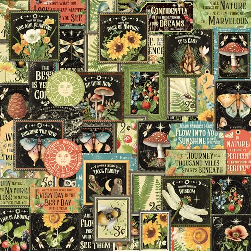 Cottagecore Stickers Vintage Nature - Botanical Mushroom & Sunflower Waterproof Vinyl for Adults | Journal Planner Decor | Laptop Water Bottle Scrapbooking - color: Botanical Black, style: Art Deco