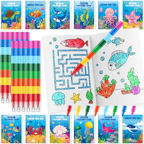 BenLouis 24 Under the Sea Mini Coloring Books with 24 Crayons for Kids Bulk - style: Ocean