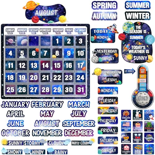 Cholemy 85 Pcs Calendar Bulletin Board Set Classroom Calendar Bulletin Board with Numbers Month Weather Classroom Decorations for Back to School Wall Chalkboard Decor Supplies(Space) - style: Space