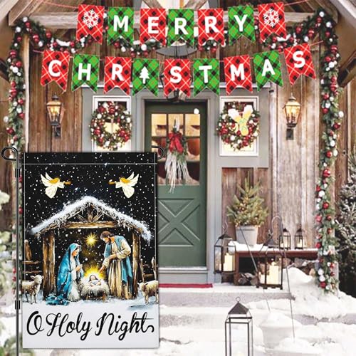 Christmas Oh Holy Night Jesus Nativity Scene Garden Flag Christian Jesus Yard Signs Garden Flags for Outside 12x18 Double Sided Christmas Vacation Outdoor Decorations
