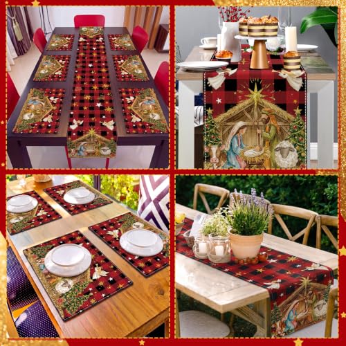 Patelai 7 Pcs Christmas Nativity Table Runner and Placemats Set, Serve 6 - color: Red Yellow, style: Nativity
