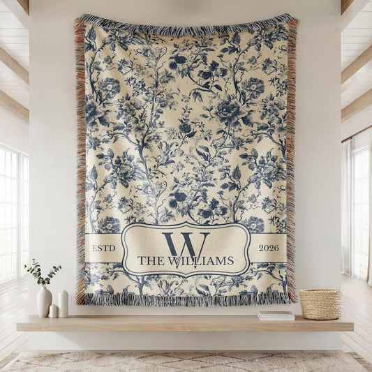 Chillever Personalized Blue Toile Monogram Woven Blanket, Custom Last Name Floral Throw, Housewarming Gift for Newly Married Couple, Family Keepsake, 2nd Cotton Anniversary Present - color: A2