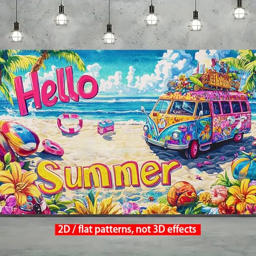 71x43 Inch Hello Summer Banner Retro Camper Van Beach Backdrop Floral Tropical Yard Decorations Seasonal Outdoor Decor Fence Sign - color: ColorfulB588, size: 70.8 x 43.3 Inch
