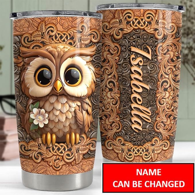 SANDJEST Personalized Owl Wood Drawings Tumbler 20oz 30oz Insulated Tumblers with Lid Coffee Travel Mug Cup for Women Owl Gifts for Birthday - color: Owl