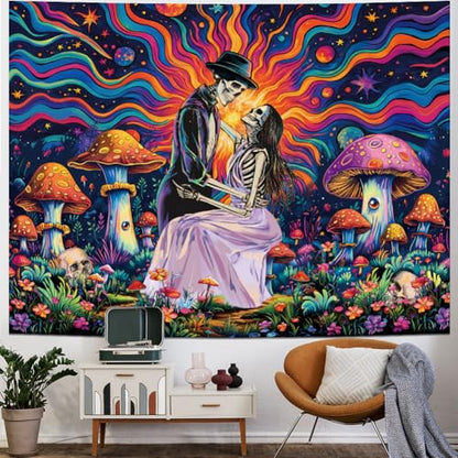 Heopapin Blacklight Skull Lovers Tapestry UV Reactive Mushroom Wall Hanging Fantasy Galaxy Space Tapestries Neon Flowers Plant Wall Hanging Tapestry for Bedroom 78.7L x 59.1W - color: skeleton, size: 78.7"L x 59.1"W