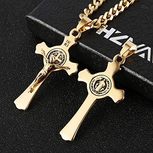 HZMAN Stainless Steel St. Benedict Crucifix Cross Necklace for Men - color: Standard Gold