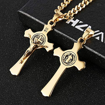 HZMAN Stainless Steel St. Benedict Crucifix Cross Necklace for Men - color: Standard Gold