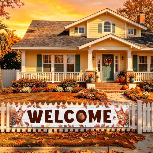 Welcome Fall Banner Happy Fall Yard Banner Squirrel Pinecones Outdoor Decor - color: Welcome Squirrel