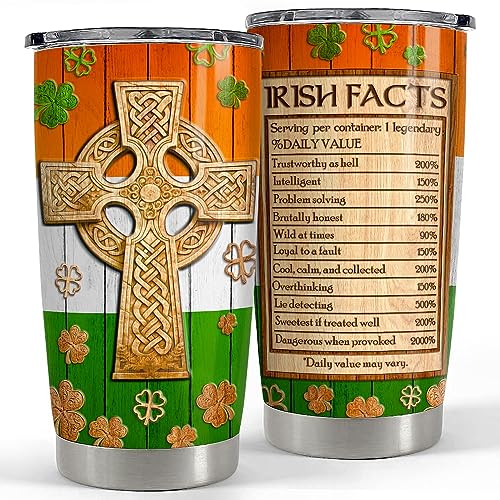 SANDJEST Irish Tumbler 20oz Celtic Cross Irish Fact Stainless Steel Tumbler with Lid Gifts for Women Birthday Christmas - color: Irish