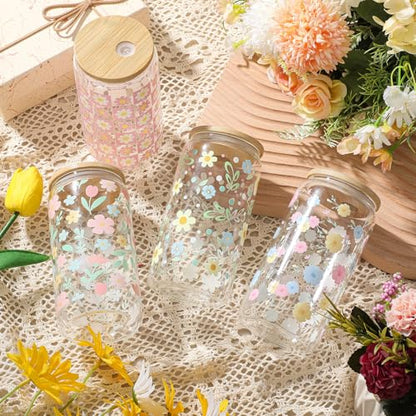 Mumufy 4 Pack Pastel Flower Glass Cup, 16 oz Tumbler Mug with Bamboo Lid - style: Pastel Flower