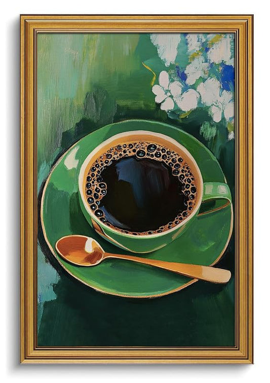 Vintage Green Coffee Cup Wall Art Gold Framed Kitchen Pictures Wall Decor - color: Gold Framed-01, size: 16x24in