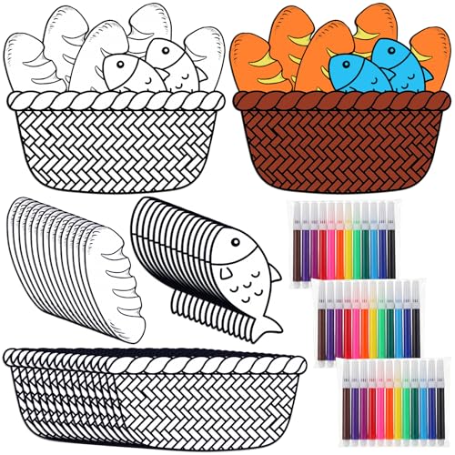 Sotiff 36 Set Fish and Loaves Coloring Craft, Sunday School Bible Story Kit - style: Fish and Loaves