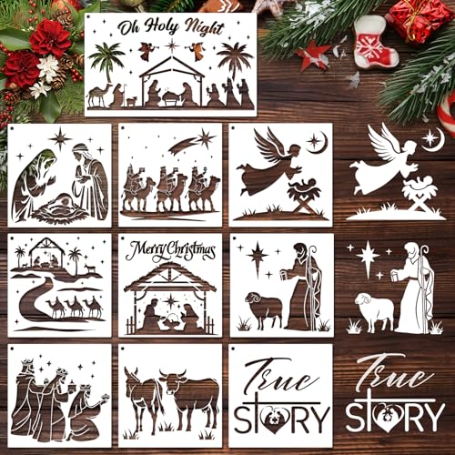 Konsait 10 PCS Christmas Nativity Stencils for Painting on Wood, Reusable Nativity Scene Templates Jesus Wise Men Christmas Stencil for Home Decor, Plastic Painting Stencils for Art Hand Crafts