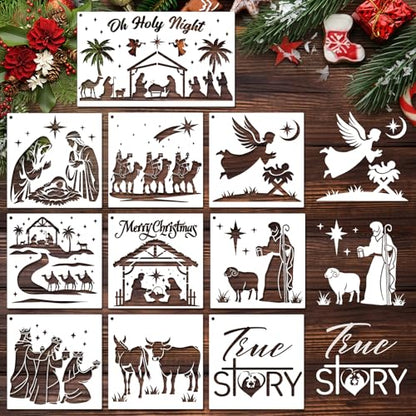 Konsait 10 PCS Christmas Nativity Stencils for Painting on Wood, Reusable Nativity Scene Templates Jesus Wise Men Christmas Stencil for Home Decor, Plastic Painting Stencils for Art Hand Crafts