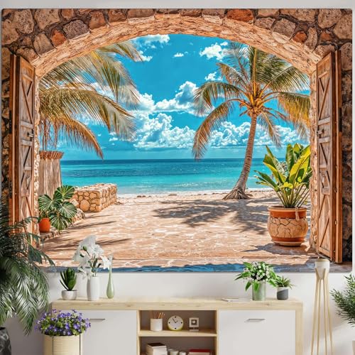 Lifeella Beach Landscape Window Tapestry, Tropic Ocean Palm Tree Seaside Wall Backdrop, Summer Mural for Living Room Bedroom Office Decor, 60x80 inches - color: Beach, size: 80"L x 60"W