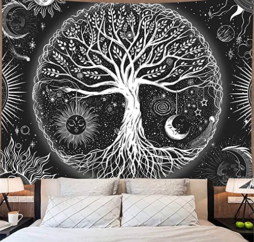 FORATER Tree of Life Tapestry Wall Hanging, Sun and Moon Aesthetic Wall Tapestry Black and White Tapestries Home Decor for Living Room Bedroom(61 x 82 Inch, Black and White) - color: black and white, size: 82"L x 61"W