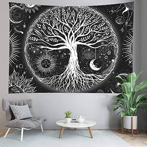 FORATER Tree of Life Tapestry Wall Hanging, Sun and Moon Aesthetic Wall Tapestry Black and White Tapestries Home Decor for Living Room Bedroom(61 x 82 Inch, Black and White) - color: black and white, size: 82"L x 61"W