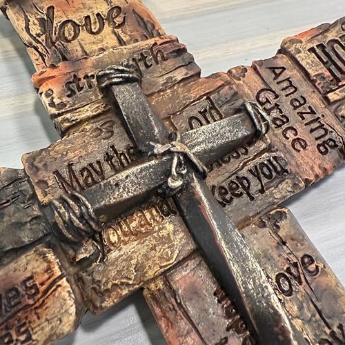 Top Brass Inspirational Rustic Wood-Look Wall Cross with Faux Iron Center – Resin Scripture Cross - Religious Sayings Jesus Art Sculpture