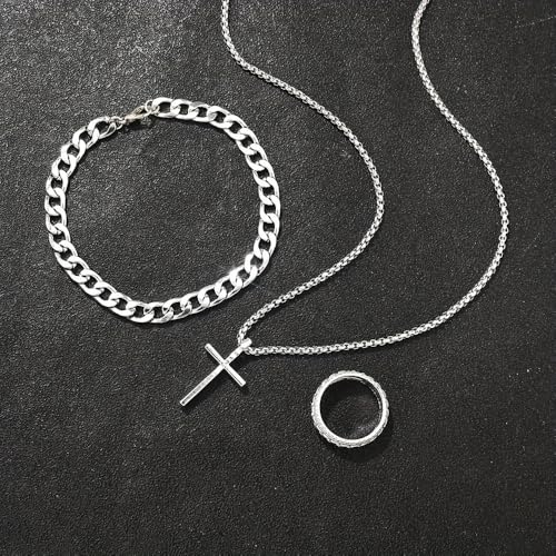DATOA 3Pcs Cross Necklace Stainless Steel Chains Bracelet Ring for Men Silver Gold Black Pendant Minimalist Jewelry - color: Silver