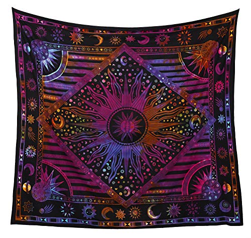 Popular Handicrafts Wall Hanging Tapestry For Bedroom Hippie Sun Moon Bohemian Hippy Psychedelic Design Indian Tapestries Bedspread 84 x 90 Inches (215cm x 230cm) Multicolor - color: Multi Color, size: 90"L x 84"W