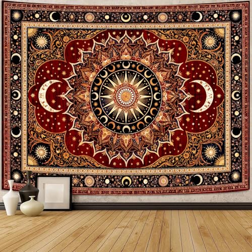 Lifeel Vintage Boho Sun Moon Tapestry, Bohemian Mandala Medallion Tapestries Wall Hanging for Living Room Decor, Dark Red 36x48 inches - color: Red, size: 48"L x 36"W