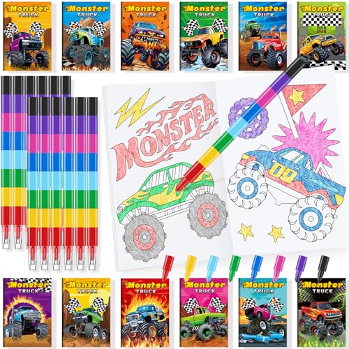 BenLouis 24 Monster Truck Mini Coloring Books with 24 Crayons for Kids Bulk - style: Monster Truck