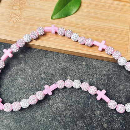 Baseball Bead Cross Necklace for Boys Kids, Elastic Rhinestone Bling Necklace Drip Gifts for Teens Players - color: Pink Cross/Pink/White