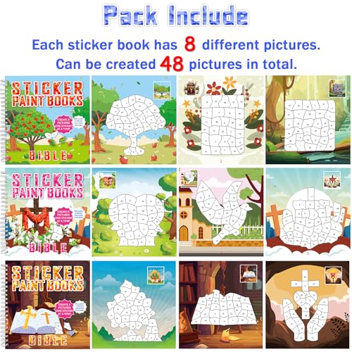 6PCS Bible Paint by Stickers for Kids Ages 4-8 VBS Crafts Sticker by Number Puzzle Activity Book Christian Gift Sunday School DIY Art Kit with Religious Jesus Nativity Tree Noah’s Ark 48 Pictures - style: Bible