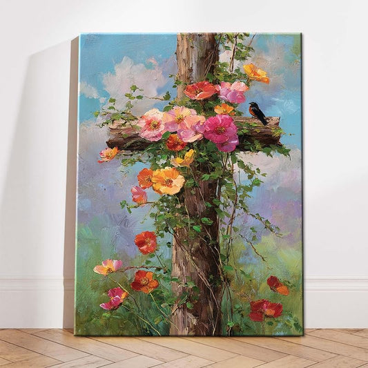 Rustic Wooden Cross Floral Oil Painting Canvas Wall Art Bird Decor - color: 022, size: 24"L x 16"W