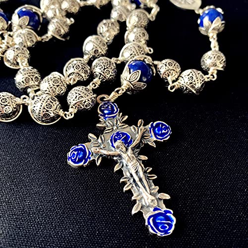 elegantmedical HANDMADE ANTIQUED 10MM BALI STERLING 925 SILVE Wire Wraped BEADS LAPIS LAZULI NECKLACE ROSARY CROSS NECKLACE MENS GIFTS