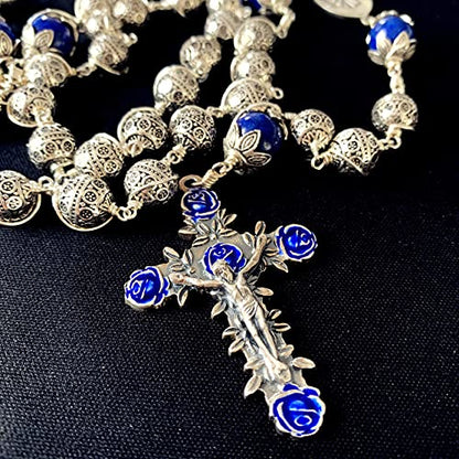 elegantmedical HANDMADE ANTIQUED 10MM BALI STERLING 925 SILVE Wire Wraped BEADS LAPIS LAZULI NECKLACE ROSARY CROSS NECKLACE MENS GIFTS