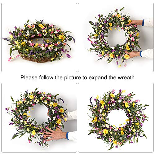 J'FLORU Spring Wreath 24 Inch Summer Wreaths for Front Door Artificial Flower Wreath with Daisy and Lavender for Indoor Outdoor and Easter Celebration