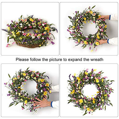 J'FLORU Spring Wreath 24 Inch Summer Wreaths for Front Door Artificial Flower Wreath with Daisy and Lavender for Indoor Outdoor and Easter Celebration