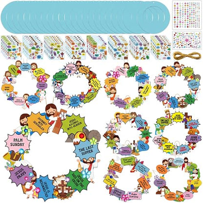Hollowfly 48 Sets Christian Easter Wreath Craft Kit for Sunday School - style: Jesus