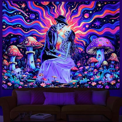 Heopapin Blacklight Skull Lovers Tapestry UV Reactive Mushroom Wall Hanging Fantasy Galaxy Space Tapestries Neon Flowers Plant Wall Hanging Tapestry for Bedroom 92.5L x 70.8W - color: skeleton, size: 92.5"L x 70.8"W