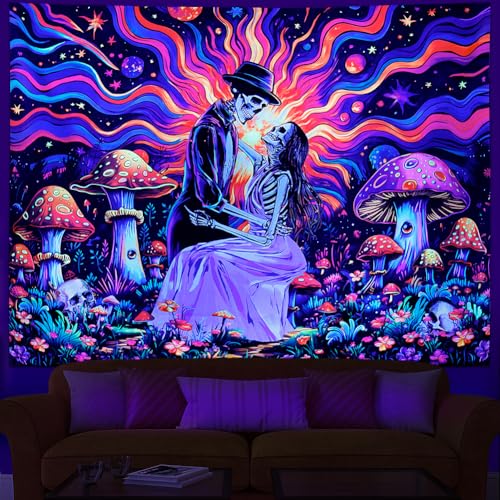Heopapin Blacklight Skull Lovers Tapestry UV Reactive Mushroom Wall Hanging Fantasy Galaxy Space Tapestries Neon Flowers Plant Wall Hanging Tapestry for Bedroom 92.5L x 70.8W - color: skeleton, size: 92.5"L x 70.8"W