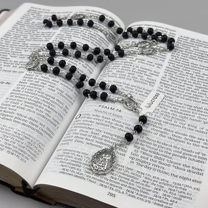 Seven Sorrows of Mary Rosary Wooden Beads Catholic Jewelry Necklace for Pray - color: Black
