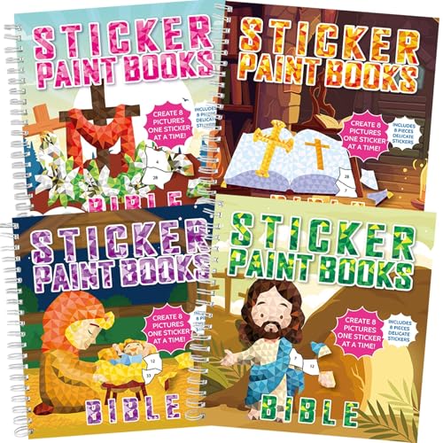 4PCS Bible Sticker Books Paint by Number Activity Book Bulk Christian Religious Sunday Crafts Nativity Puzzle Gift Church Set for Easter Christmas Party Favor with Jesus Cross 32 Pictures - style: Bible