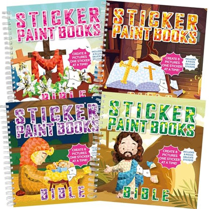 4PCS Bible Sticker Books Paint by Number Activity Book Bulk Christian Religious Sunday Crafts Nativity Puzzle Gift Church Set for Easter Christmas Party Favor with Jesus Cross 32 Pictures - style: Bible