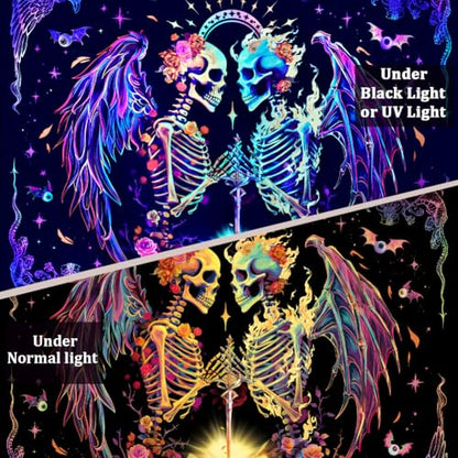 Heopapin Blacklight Trippy Skull Tapestry UV Reactive Gothic Skeleton Wall Hanging Tapestries Fantasy Neon Wing Glow in the Dark Party Poster Magical Galaxy Space Tapestry for Bedroom - color: Skull Lover, size: 59.1"L x 51.2"W