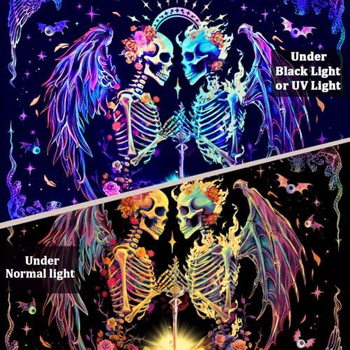 Heopapin Blacklight Trippy Skull Tapestry UV Reactive Gothic Skeleton Wall Hanging Tapestries Fantasy Neon Wing Glow in the Dark Party Poster Magical Galaxy Space Tapestry for Bedroom - color: Skull Lover, size: 78.7"L x 59.1"W