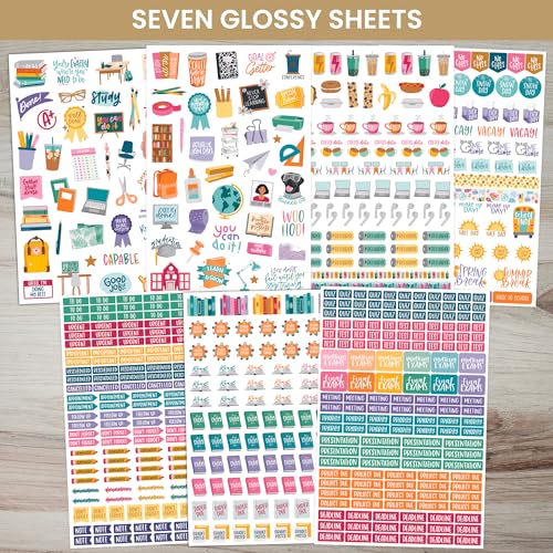 bloom daily planners Student Planner Stickers - 8 Sheets / 672 Stickers - Essential School Themed Variety Pack for Academic Year Planning - Icons & Illustrations to Track Assignments, Exams, & More