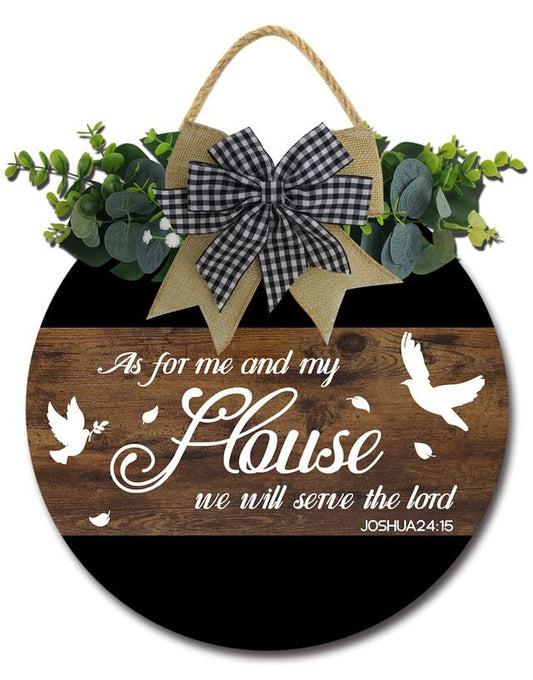 FemiaD As For Me And My House We Will Serve The Lord Sign Funny Wreaths Hanging Wooden Plaque Decoration Round Rustic Wood Farmhouse Porch Decor for Home Front Door Decor 12inch