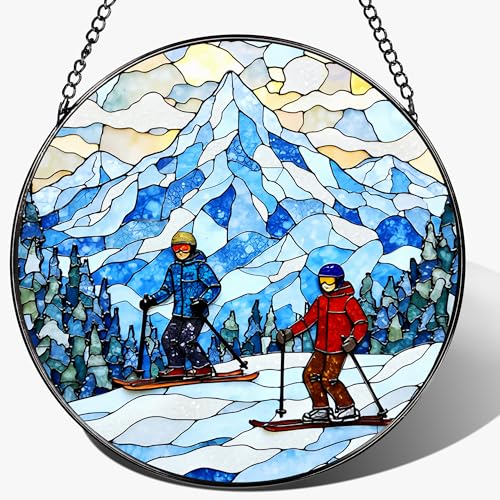 8'' Snowy Mountain Skiers Sun Catcher Ornament, Stained Glass Window Hanging, Sun Catchers for Windows Hanging Ornaments, Window Decor | Ideal Gift, Gift Exchange, Gifts for Skiers - color: Snowy Mountain Skiers