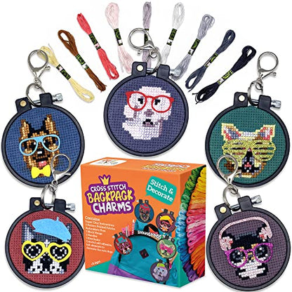 Dogs Cross Stitch Kits for Kids - 5 Stamped Beginner Needlepoint Sets - color: Dogs