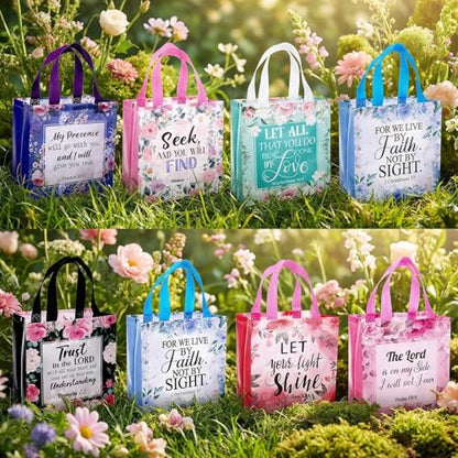 Mowouhn 32 Pcs Flower Christian Gifts Bags with Handles Religious Gifts Bag Bulk for Women, Non-Woven Reusable Bible Verse Scripture Tote Baptism Church Holiday Inspirational Christian Party Favor
