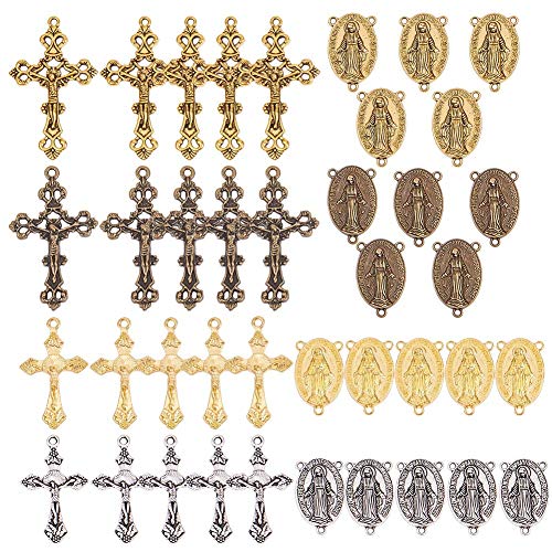 SUNNYCLUE Tibetan Style Rosary Cross Charms and Center Miraculous Medal Easter Vintage Cross Crucifix Pendants Oval Chandelier Links Bronze Connector Charm for Rosary Bead Necklace Making Supplies - color: Mixed Color Miraculous Medal and Cross Charms