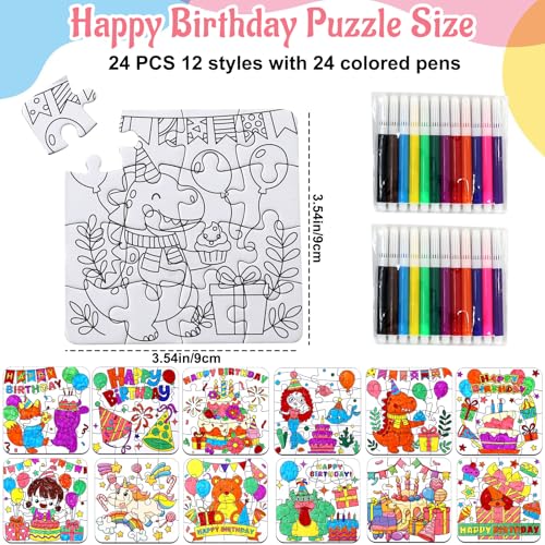 24 Sets Happy Birthday Crafts Puzzle for Kids Kit, Classroom Birthday Party Activities with Cake Hat Gift, DIY Art Color Your Own Blank jigsaw for Fall Christmas Party Favors Coloring Game Supplies - color: Birthday Colorful