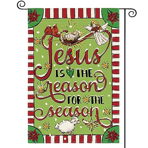 AVOIN colorlife Jesus Is The Reason For The Season Garden Flag 12x18 Inch Double Sided, Christmas Christian Nativity Winter Yard Outdoor Decorative Flag - size: Garden Size-12 x 18"
