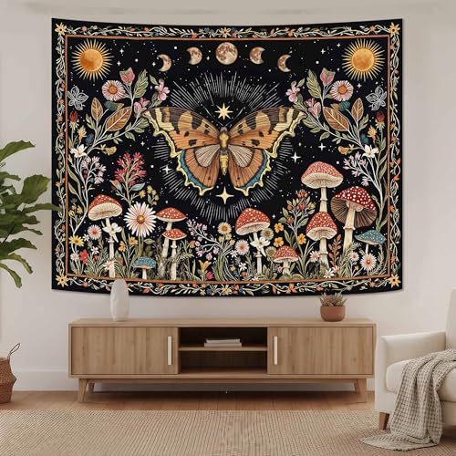 Accnicc Boho Butterfly Tapestry Mushroom Sun and Moon Hippie Wall Tapestry for Bedroom Aesthetic Vintage Floral Plant Small Tapestries Wall Hanging for Dorm Living Room Decor 48 x 36 Inch - color: Brown Black, size: 48"L x 36"W
